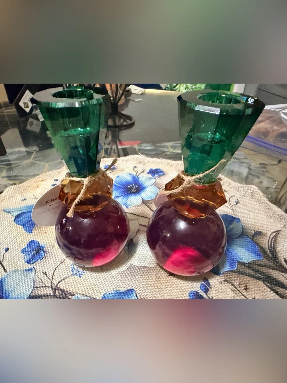 Set of Two Multicolor Glass Bud Vases - Green, Amber & Purple